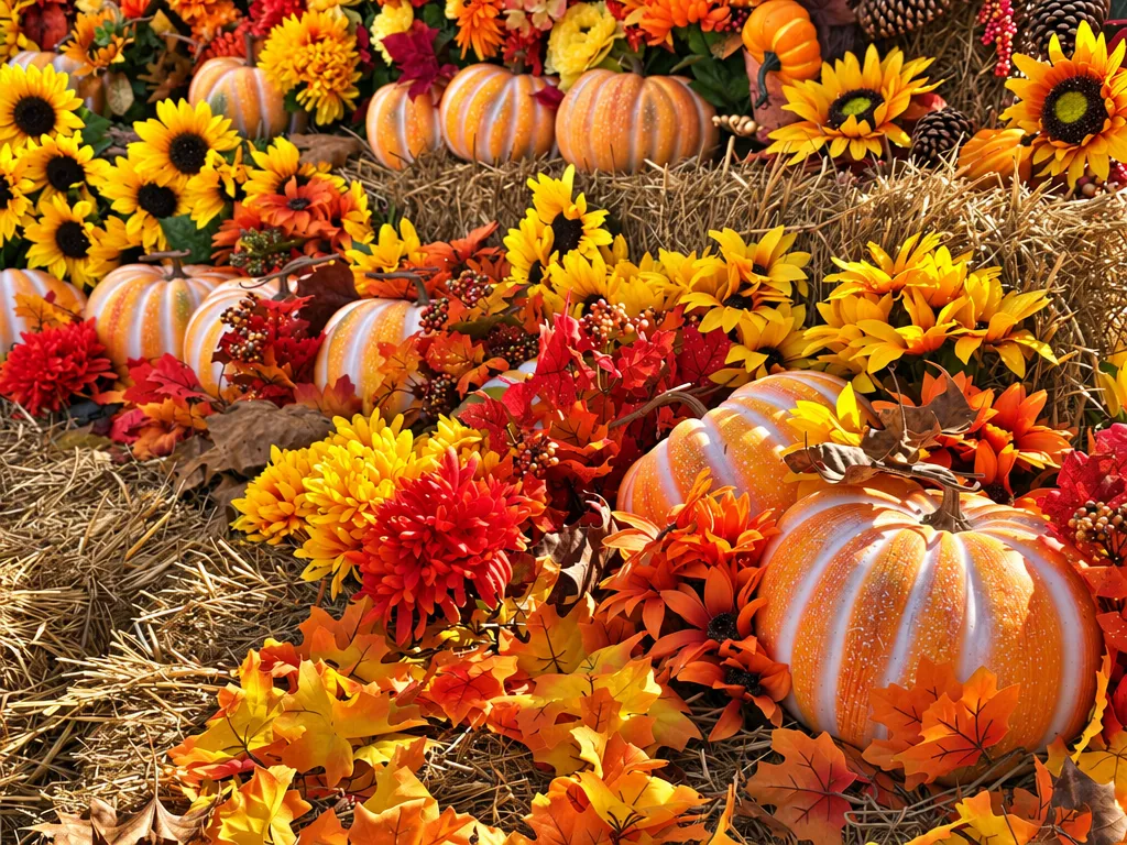 pumpkins, fall leaves, and bales of hay used as a fall display