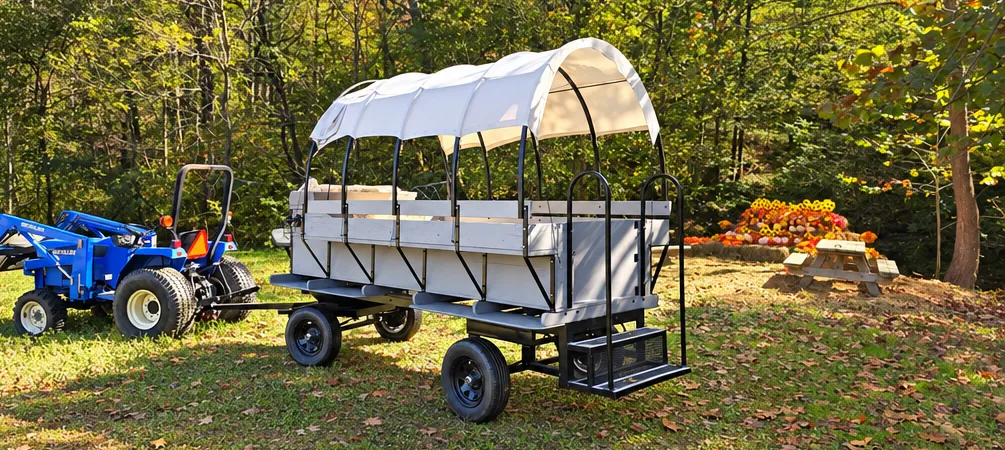 a covered wagon and tractor, used to haul guests in our wagon rides.
